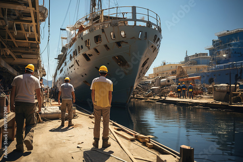 A group of men working on a dock next to a large ship in ship repair factory. Back side view. Ship building. photo