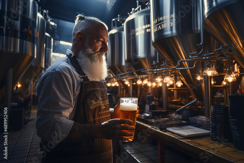 Specialist master brewer in a small brewery holds a glass of beer in his hand. A man with a beard. photo