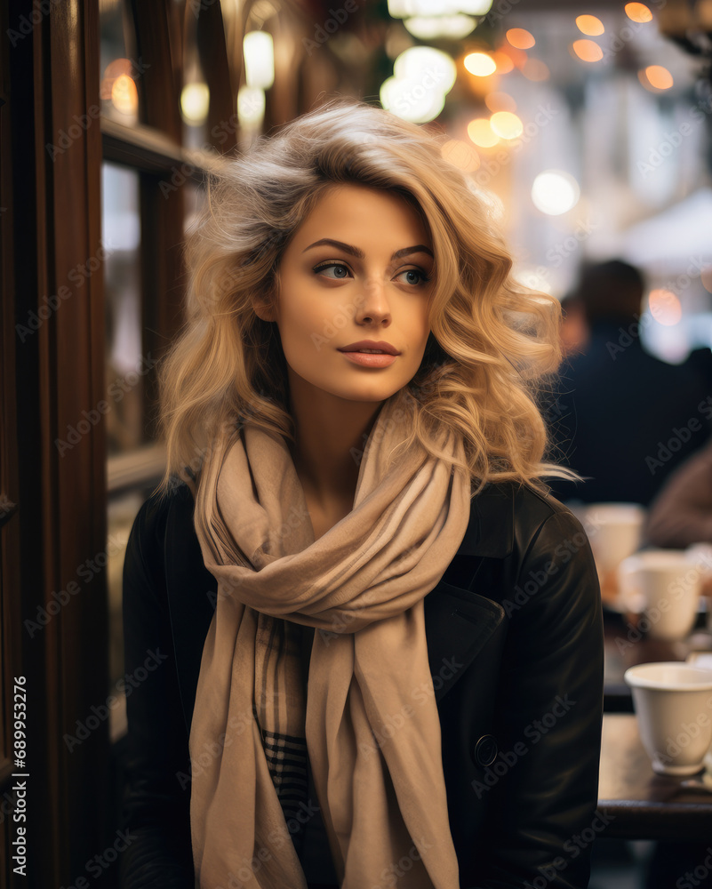 Fashionable woman with medium blonde hair sitting at a cafe during Christmas.