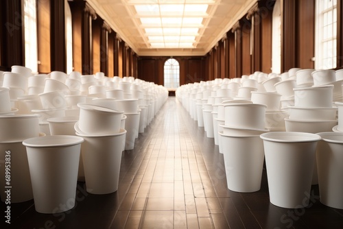 Many white paper cups arranged on the floor.