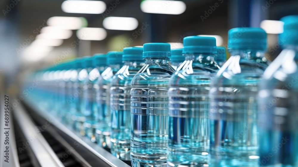 Drinking water factory, Bottles on a factory conveyor belt with Automatic line for packing drinking water into glass or plastic containers.