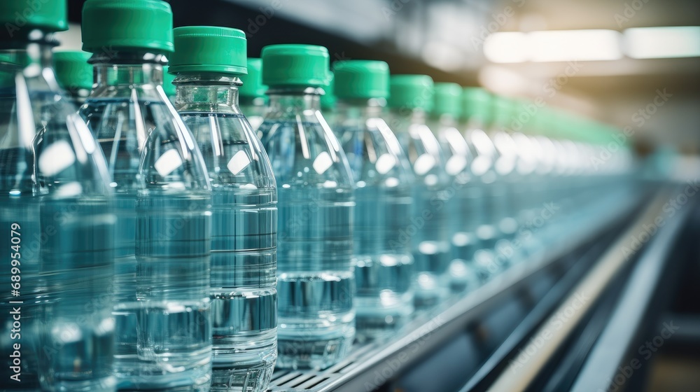 Drinking water factory, Bottles on a factory conveyor belt with Automatic line for packing drinking water into glass or plastic containers. Drinking water factory, Bottles on a factory conveyor belt with Automatic line for packing drinking water into glass or plastic containers.
