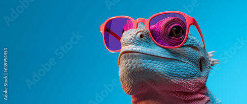 a lizard with sunglasses in blue space, in the style of vibrant color-blocking, 32k uhd, post-internet aesthetics, pink and amber, heatwave, 20 megapixels, vibrant colours
