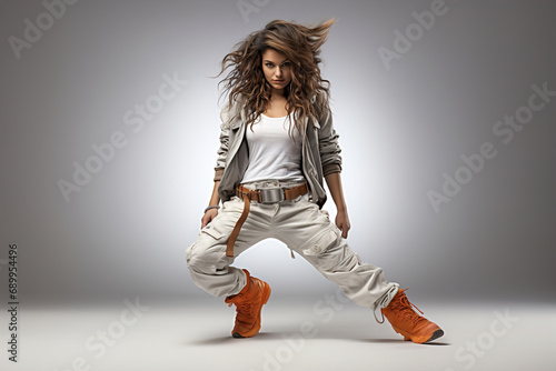 Young woman dancing hip hop isolated on white background.