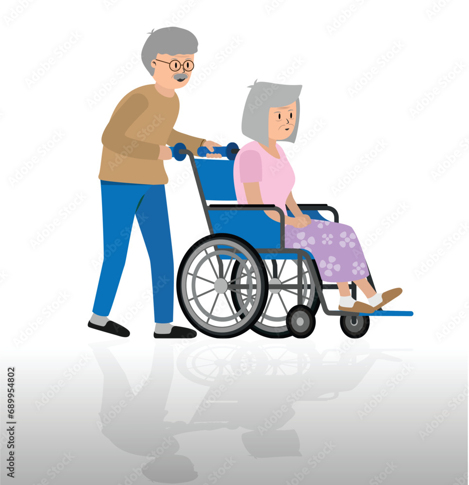An elderly husband pushes his elderly wife in a wheelchair. An elderly husband pushes his elderly wife in a wheelchair.