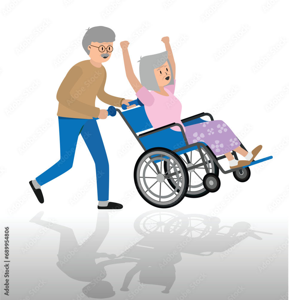 An old husband happily pushes his elderly wife in a wheelchair. An old husband happily pushes his elderly wife in a wheelchair.