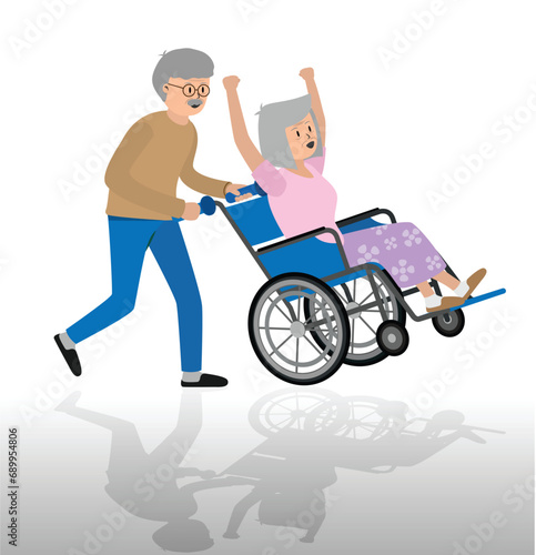 An old husband happily pushes his elderly wife in a wheelchair.