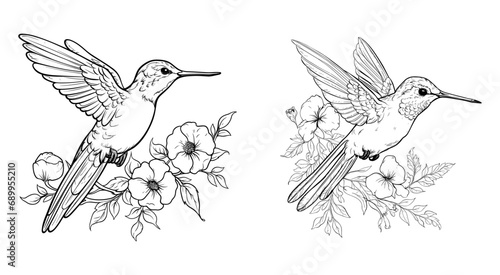Cute hummingbird and flowers set, vector illustration.