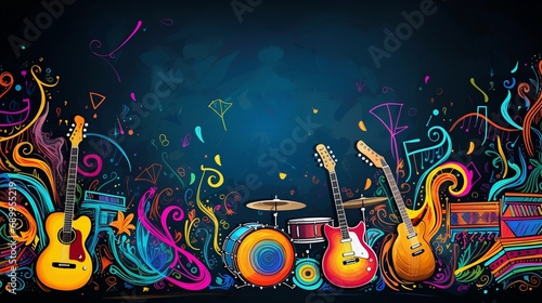 Music festival chalkboard background  abstract musical instruments and colorful notes