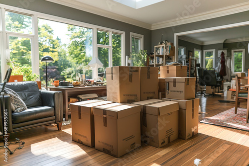A living room filled with lots of boxes prepared for moving. Moving company organizes transportation. © Degimages