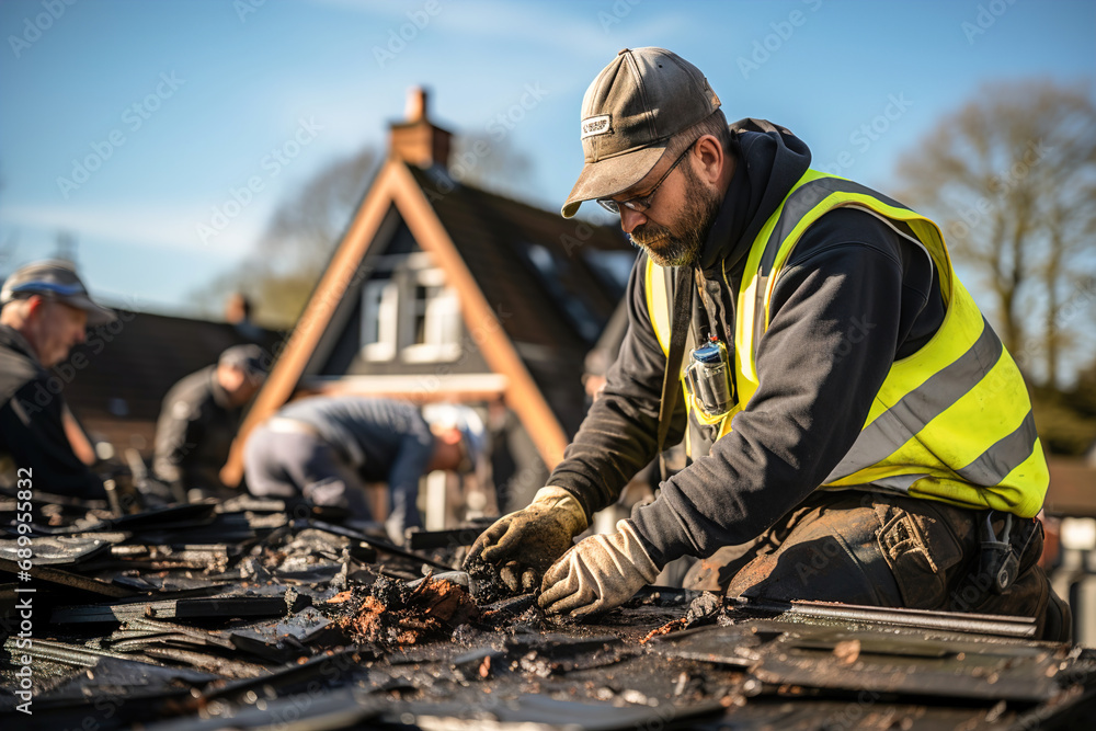 A man working on the roof of a building placing tiles. A man working on the roof of a building placing tiles.