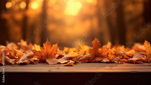 Sunlit autumn leaves scattered on a wooden surface  with a soft-focus background of a forest glowing with the warm hues of fall.