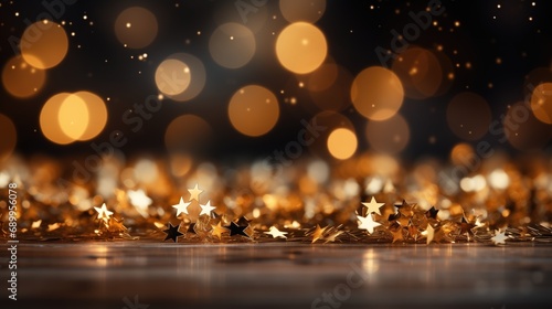 Warm golden bokeh lights illuminate a dark background with scattered star-shaped confetti, creating a festive and celebratory atmosphere.