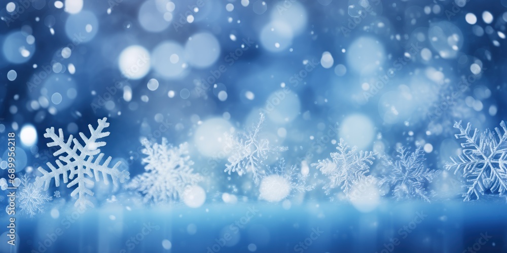 Intricate snowflakes rest on a surface against a backdrop of deep blue bokeh, mirroring the silent, enchanting feel of a winter night. Intricate snowflakes rest on a surface against a backdrop of deep blue bokeh, mirroring the silent, enchanting feel of a winter night.