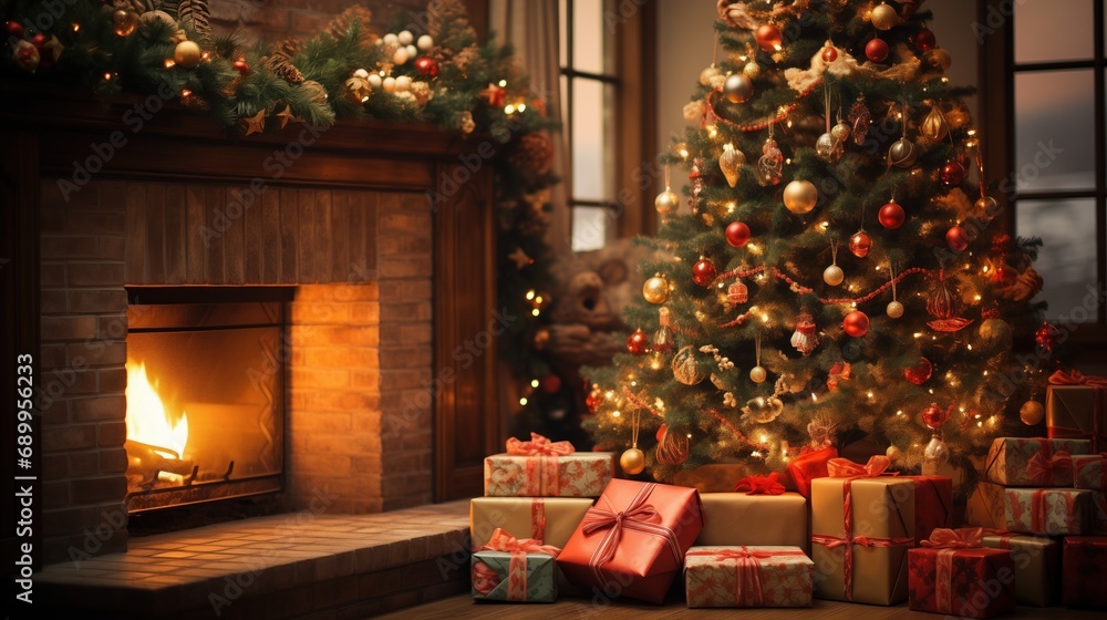 A cozy Christmas scene with a festively decorated tree beside a warm, glowing fireplace, surrounded by a bounty of wrapped gifts.