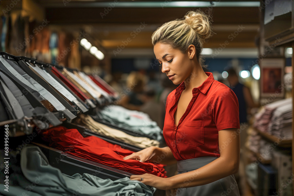 Young fashionable woman looking at fabrics in a shop. Young fashionable woman looking at fabrics in a shop.