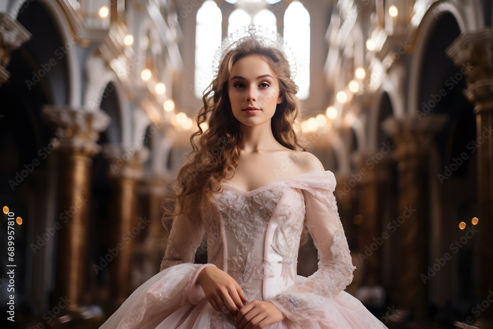 Naklejka premium portrait of a beautiful princess with blond hair in stunning dress.