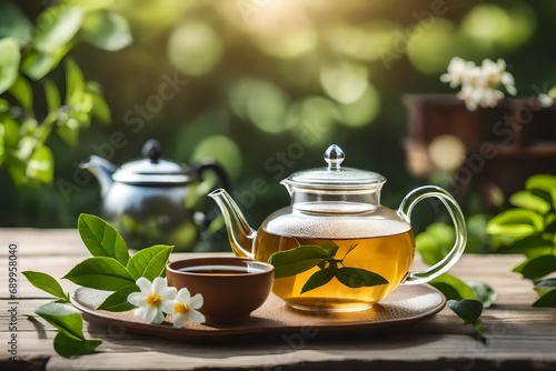 Green tea with jasmine flower and teapot on wooden table on blur garden background