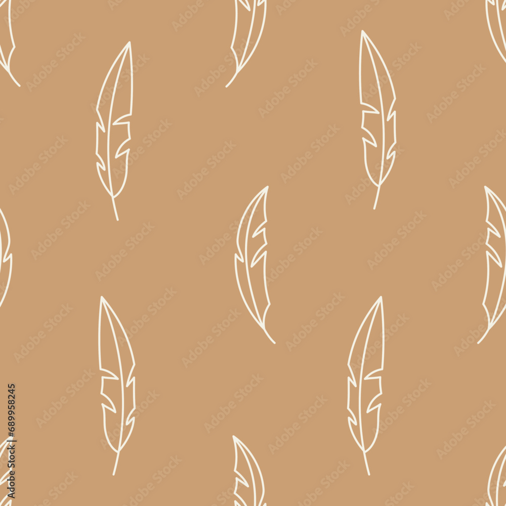 Beige seamless pattern with feathers. Neutral brown endless background with hand drawn white feather outline. Trendy boho style repeat vector illustration Beige seamless pattern with feathers. Neutral brown endless background with hand drawn white feather outline. Trendy boho style repeat vector illustration