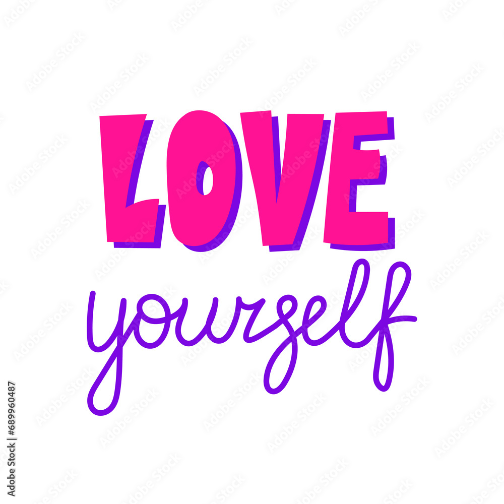 Love yourself neon lettering. Modern handwritten motivation text with trendy phrase for print, t shirt, apparel. Vector illustration with pink and violet colors