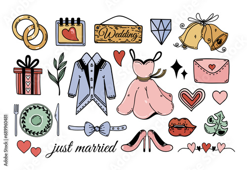 Wedding vector collection. Symbols of marriage - dress and shoes for the bride, suit and bow tie for the groom, engagement rings, romantic letter, gift, wooden sign. Flat cartoon doodle clipart