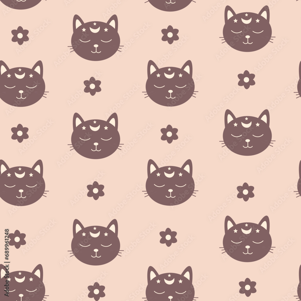 Simple cat on beige seamless pattern. Neutral background with kitten and flower. Repeat vector illustration for pet products. Animal backdrop for textile, kids, wrap Simple cat on beige seamless pattern. Neutral background with kitten and flower. Repeat vector illustration for pet products. Animal backdrop for textile, kids, wrap