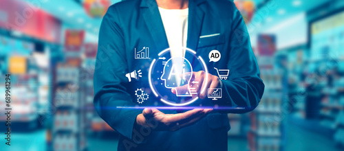 Obraz na płótnie Businesspeople use artificial intelligence to help create targeted ads and chat with customers in the online social media marketplace. w salonie