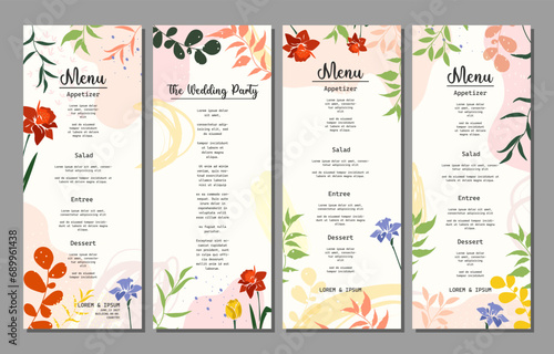 Wedding and restaurant menu with Floral art templates. Good for poster, invitation, birthday and Mothers Day cards, flyer, banner, brochure. vector illustration