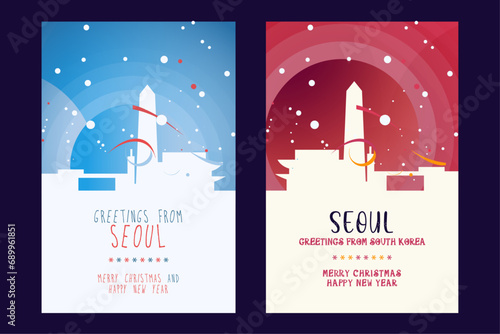 Seoul city poster with Christmas skyline, cityscape, landmarks. Winter South Korea capital megapolis holiday, New Year vertical vector layout for brochure, website, flyer, leaflet, card