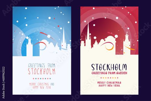 Stockholm city poster with Christmas skyline, cityscape, landmarks. Winter Sweden capital, megapolis town holiday, New Year vertical vector layout for brochure, website, flyer, leaflet, card