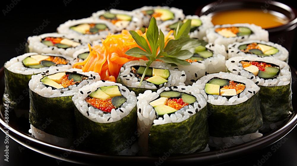 Japanese sushi set. Sashimi, maki rolls, and green tea. On plate over the background image. Japanese sushi set. Sashimi, maki rolls, and green tea. On plate over the background image.