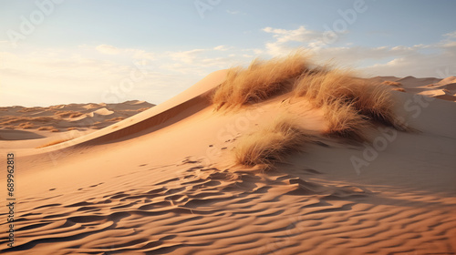 Warm sunlight bathes rolling sand dunes at sunset.