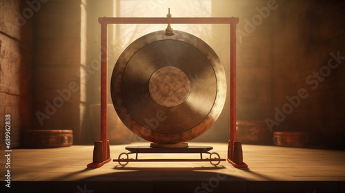 A majestic, large bronze gong in a sunlit room.