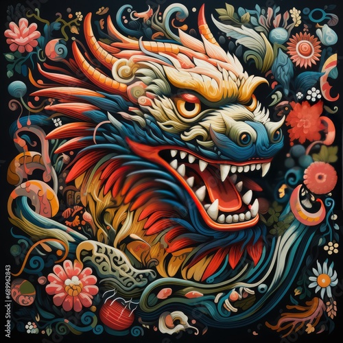 Colorful vector illustration of a dragon head and flowers on a black background © Chayan