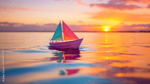 Colorful sunset over the sea. Boat floating in the water.
