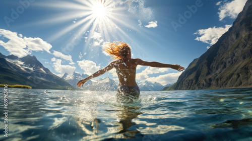 Woman in bikini swimsuit splashing in the water with mountain background