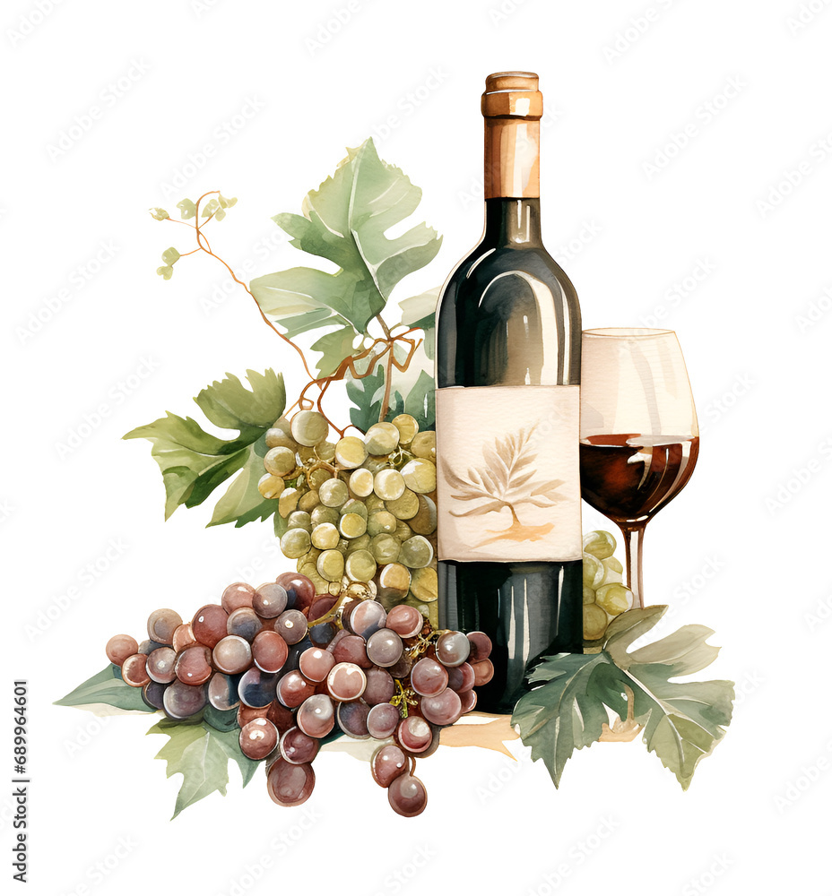 Wine, watercolor clipart illustration with isolated background.