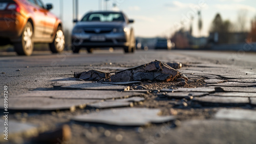 Damaged pavement on the pedestrian sidewalk.