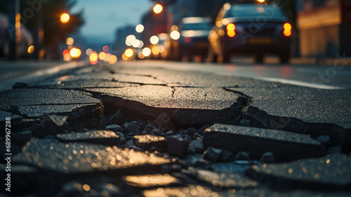 Damaged pavement on the pedestrian sidewalk. photo