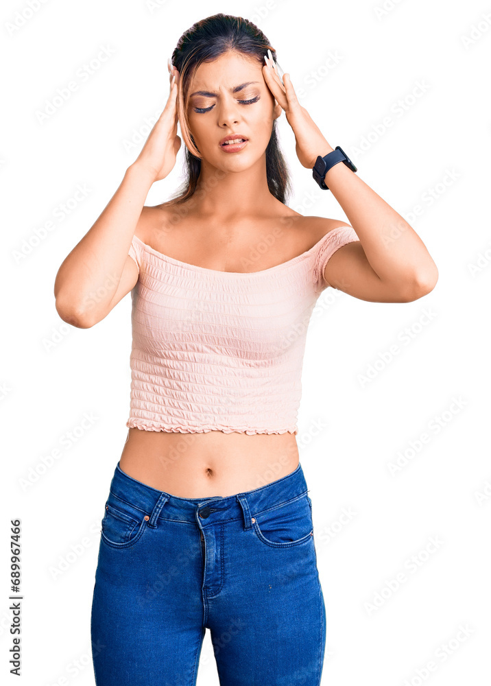 Young beautiful woman wearing casual clothes with hand on head, headache because stress. suffering migraine. Young beautiful woman wearing casual clothes with hand on head, headache because stress. suffering migraine.