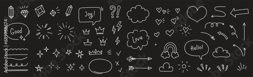 Sketch line arrow element, star, heart shape on chalkboard background. Hand drawn doodle sketch style circle, cloud speech bubble grunge element. Arrow, star, heart decoration. Vector illustration