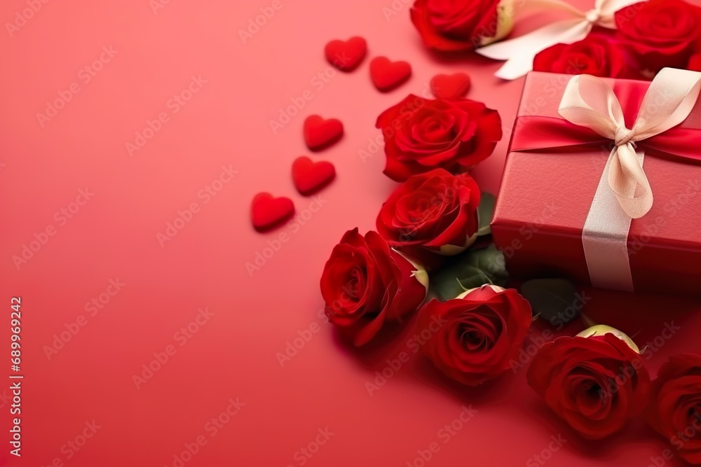 arrangement of gift and roses with copy space, valentine day concept arrangement of gift and roses with copy space, valentine day concept