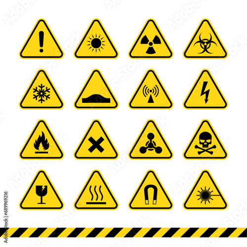 Set of triangle yellow warning signs. Hazard warning sign vector illustration