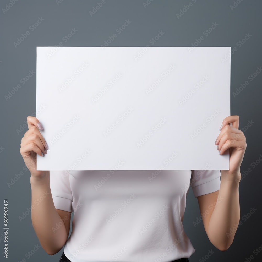 A woman's hand holding a blank paper on a grey background. A woman's hand holding a blank paper on a grey background.