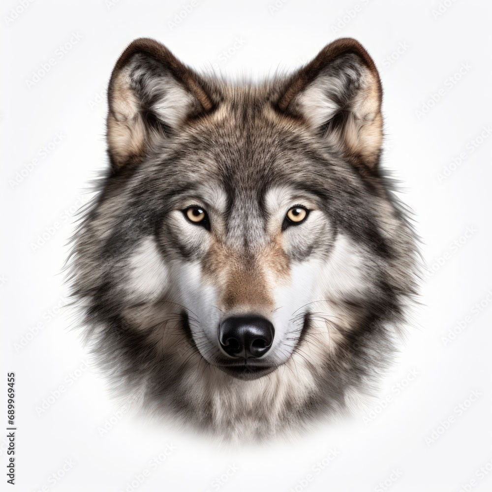 Close-up of a wolf against a white background.