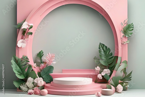 Fényképezés Set of pink and white 3D background with products podium arch shape and green le