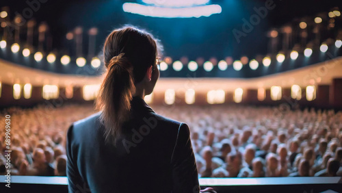 A rear view of a formally dressed woman speaker with hand gesture and standing on the right side of a stage facing the audience in an indoor auditorium  photo