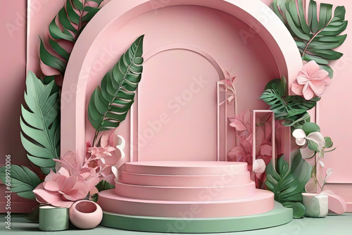 Set of pink and white 3D background with products podium arch shape and green lea