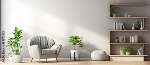Sitting area with a grey armchair, round rug, plants, bookshelf, and art gallery.