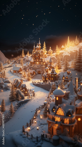 scène de Noël sous la neige. Cottage lumineux éclairé féériquement et enneigé de nuit. Les maisons sont éclairées de l'intérieur